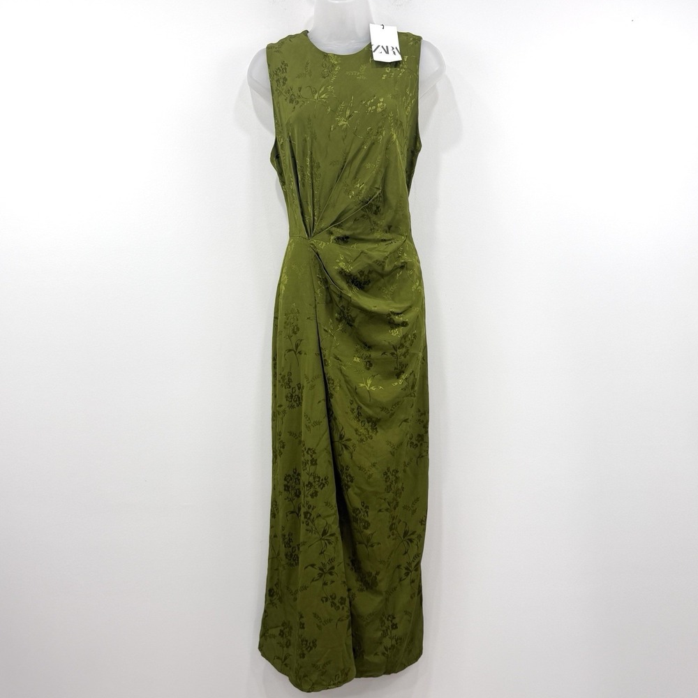 Zara Ruched Jacquard Midi Dress M Green NWT Asian Blogger Fave Ruched Event